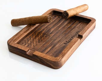 Cigar ashtray for him holder personalized tray Romantic Valentine's Day Gift for husband Best Friend gift Engraved  American Flag Wood US