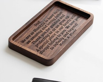 Personalized Walnut Catchall Tray for Dad, Handmade Valet Tray with engraved message, Wooden Trinket Dish for him