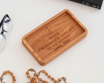 Personalized Confirmation Gift for Sponsor – Engraved Catholic Wooden Catchall Tray with Cross