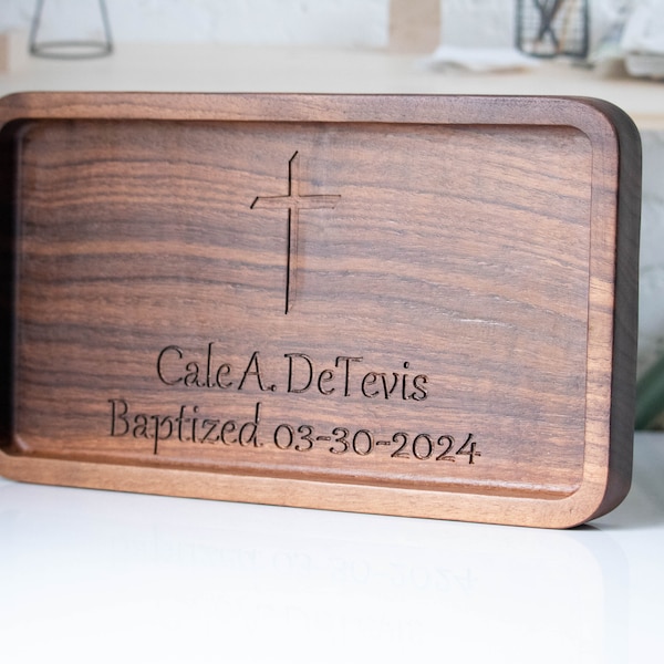 Personalized Wooden Catchall Tray with Engraved Cross for men, Religious Gift for Baptism, Gift from Sponsor, Confirmation Gift from Parents