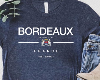 T-shirt bordeaux, T-shirt bordeaux, chemise France, Bordeaux France, Cadeau de voyage Bordeaux, Chemise ras du cou Bordeaux