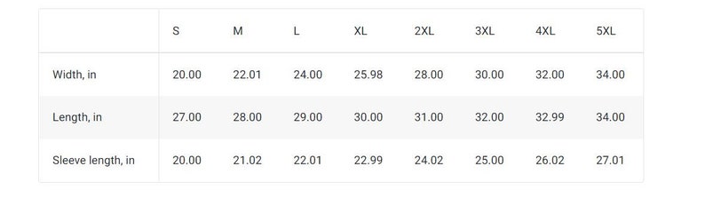 May include: Size chart showing width, length, and sleeve length measurements in inches for sizes S through 5XL.