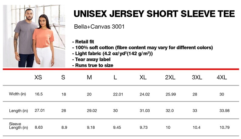 Pu&ograve; includere: Tabella delle taglie per una t-shirt a maniche corte in jersey unisex con misure in pollici per larghezza, lunghezza e lunghezza delle maniche. La tabella mostra le taglie XS a 4XL. Il testo "Bella+Canvas 3001" &egrave; in cima alla tabella.