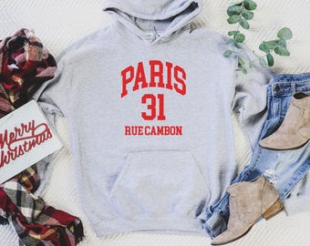 Felpa con cappuccio Parigi, maglietta Parigi 31 Rue Cambon, maglietta alla moda da donna, maglietta Parigi, maglietta di lusso alla moda, regali per lei