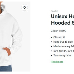 May include: White unisex hooded sweatshirt, Gildan 18500, classic fit, runs true to size, medium-heavy fabric, 8.0 oz/yd&sup2;, 271 g/m&sup2;, 50% cotton, 50% polyester, tear-away label.