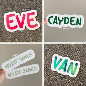 May include: A collection of four custom name stickers featuring the names EVE in magenta, CAYDEN in green, WYATT JAMES in sage, and VAN in a deep sea blue-green gradient. Each sticker has a white border and a rounded, bubble-style font.