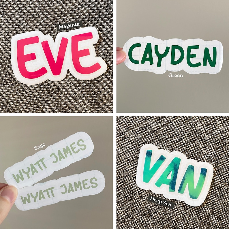 May include: A collection of four custom name stickers featuring the names EVE in magenta, CAYDEN in green, WYATT JAMES in sage, and VAN in a deep sea blue-green gradient. Each sticker has a white border and a rounded, bubble-style font.