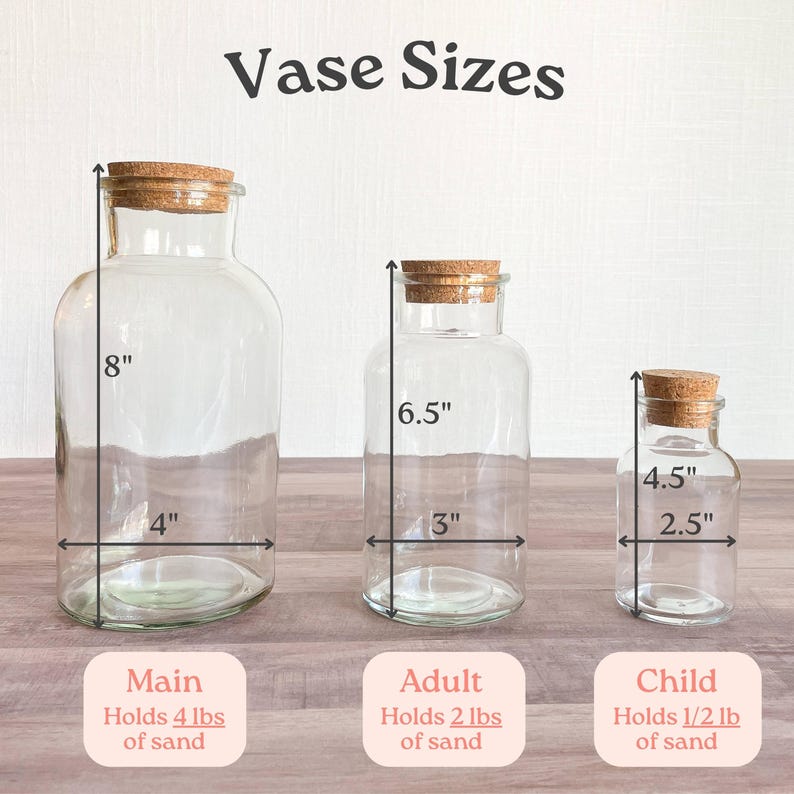 Op de afbeelding: Drie doorzichtige glazen vazen met kurken stoppen, gelabeld als Vase Sizes. De hoofdvase is 20,32 cm hoog en 10,16 cm breed en bevat 1,81 kg zand. De volwassen vaas is 16,51 cm hoog en 7,62 cm breed en bevat 0,91 kg. De kindervaas is 11,43 cm hoog en 6,35 cm breed en bevat 0,23 kg zand.