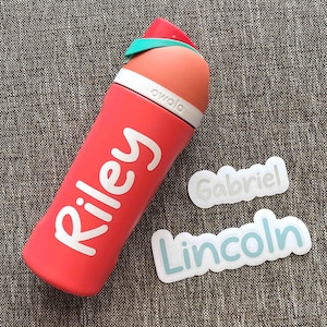 May include: A coral-colored Owala water bottle featuring the white name Riley printed vertically on the side. Beside the bottle are two separate white adhesive labels with the names Gabriel in grey and Lincoln in light blue printed on them.