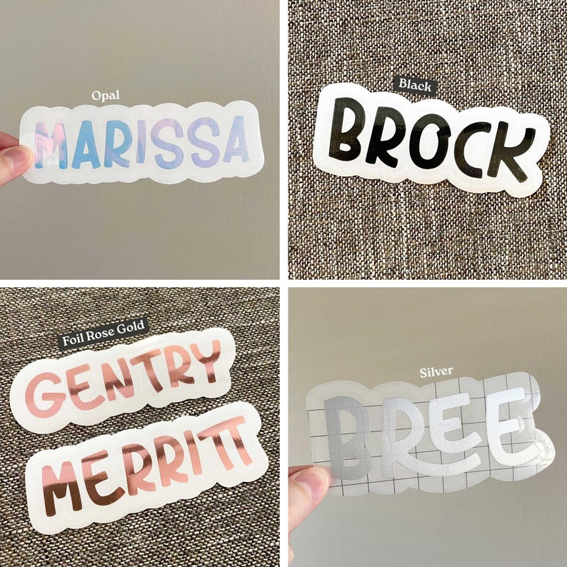 May include: Four custom name stickers with white borders. One opal sticker reads MARISSA, one black sticker reads BROCK, two foil rose gold stickers read GENTRY and MERRITT, and one silver sticker with a grid pattern reads BREE.