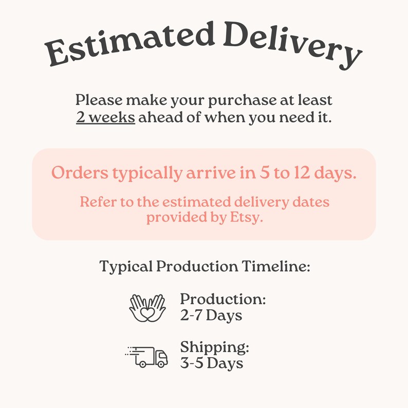 Op de afbeelding: Een informatieve afbeelding met donkere tekst op een lichte achtergrond. De tekst luidt: Estimated Delivery, Please make your purchase at least 2 weeks ahead of when you need it. Orders typically arrive in 5 to 12 days. Typical Production Timeline: Production 2-7 Days, Shipping 3-5 Days.
