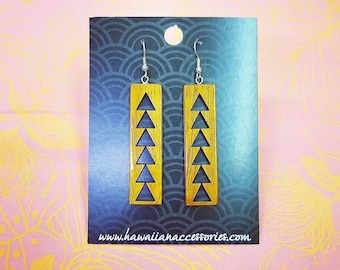 Koa Wood Long Rectangle Cut Out Earrings