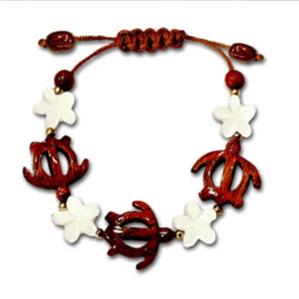 Koa Honu and Bone Plumeria Adjustable Bracelet