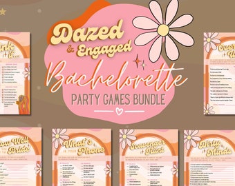 May include: A set of six printable bachelorette party games with a retro 70s theme. The games include "Drink If", "How Well Do You Know The Bride", "What's In Your Phone", "Scavenger Hunt", "Over or Under", and "Dirty Minds".