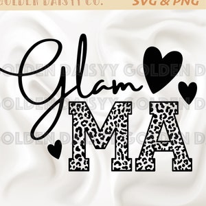 May include: Black and white graphic design with the text "Glam Ma" in a cursive font. The "M" and "A" are in a bold, block font with a leopard print pattern.