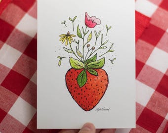 Strawberry Floral Print, 4x5.25” Kitchen Fruit Wall Art, Flower Bouquet Watercolor, Plant Lover Gift, Summer Art
