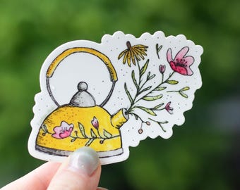 Retro Teapot Sticker, Floral Dishwasher Safe Water Bottle Decal, Tea Lover Gift Idea, Flower Kettle Illustration