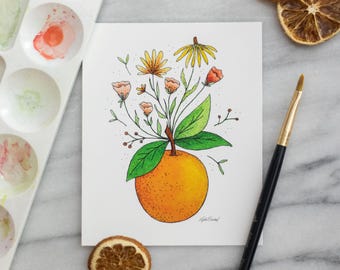 Watercolor Orange Fruit Botanical Print, 4x5" Citrus Kitchen Decor, Bright Floral Art, Syracuse Gift, Breakfast Nook Accent