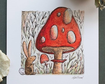 Mushroom Watercolor Art, 5x5" Print, Watercolor Painting, Nursery Decor, Fairytale Wall Decor, Woodland Rabbit Illustration, Cottage Core