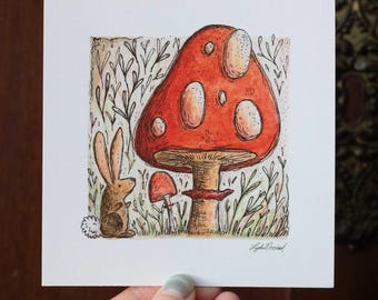 Mushroom Art Print, Cozy Wall Art, Bunny Rabbit Illustration, Cottage Core Lover, Fall Decor