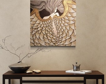 Original Angel Acrylic Painting, Pointillism Wall Art with Gold Glitter Collage, Textured Spiritual Wing Decor, Heavenly Fine Art for Home