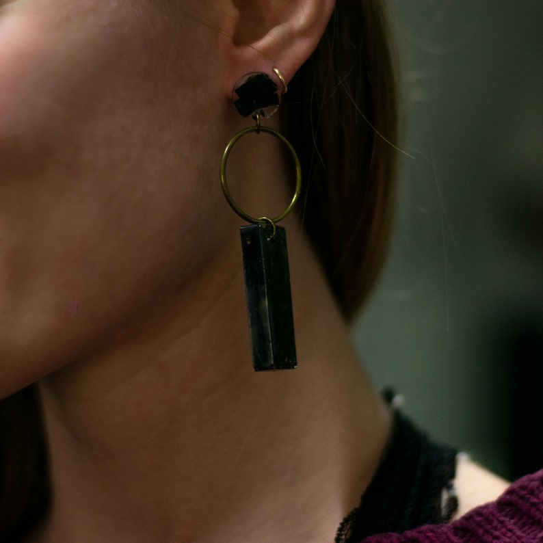 Recycled Plastic Black Rectangle and Circle Earrings