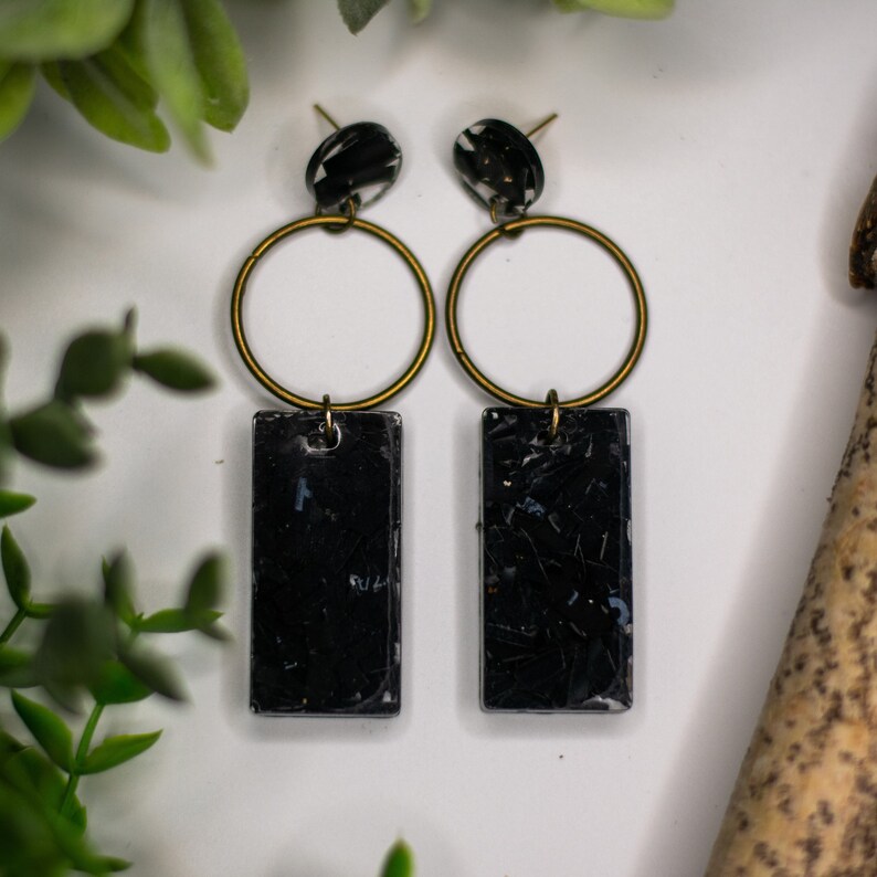 Recycled Plastic Black Rectangle and Circle Earrings