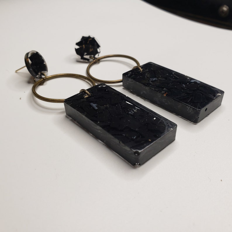 Recycled Plastic Black Rectangle and Circle Earrings