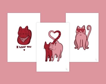 Valentine's Day Cat Art Prints – Set of 3, Kitty Decor (Digital Download 4x6")