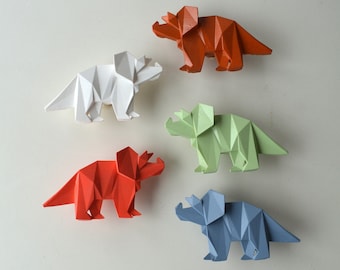 Poignée dinosaure en origami, boutons de meubles, poignées de tiroir pour garçons, bouton animal mignon pour chambre d'enfant, boutons de meuble de chambre d'enfant, bouton de tiroir tricératops