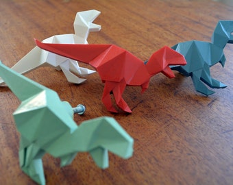 manija de dinosaurio de origami, perillas de muebles, tiradores de cajones para niños, perillas lindas de la habitación de los niños, perilla de animales, perillas de gabinete de guardería, perilla de cajón t-rex