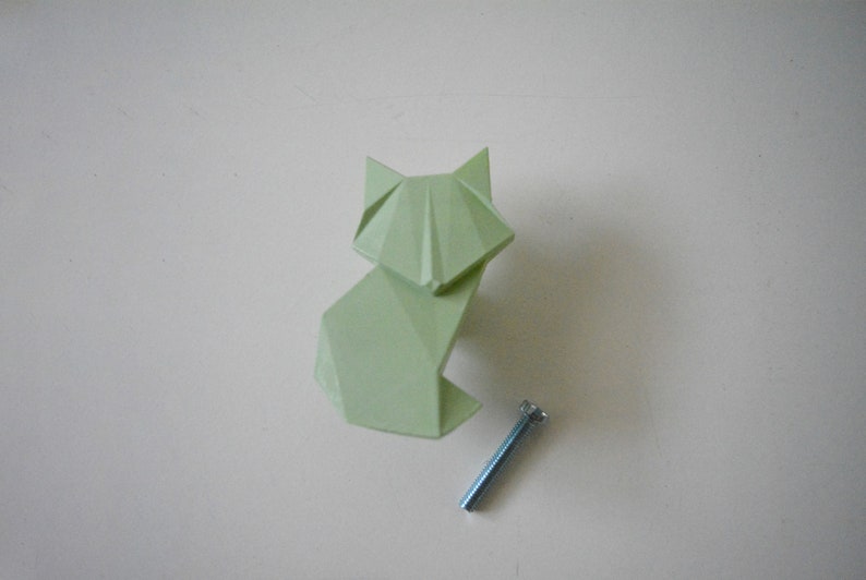 Origami Fuchs Griff, Möbelknöpfe, Schubladenknäufe, Kinderzimmer Knäufe, Kleiderschrank Knäufe, Kinderzimmer Schrank Knäufe, geometrische Waldtier zieht Grün