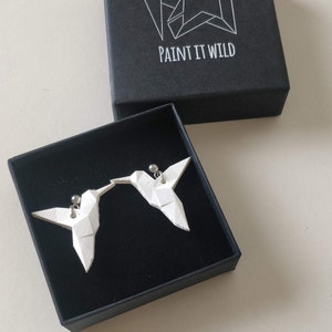 Origami Hummingbird Stud Earrings: Geometric White Resin Bird Jewellery