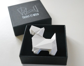 Origami dog brooch, geometric terrier badge, cute animal lapel pin, contemporary jewelry, jewellery gift for dog lover