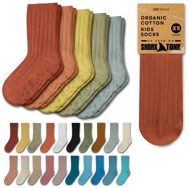 5 Pack - Kids Organic Cotton Colorful Socks - Age 1 - 10 Years - Grips on Sole