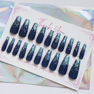 Press On Nails Long Coffin Blue Glitter