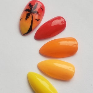 Press On Nails Orange Yellow Tropical Palm Tree