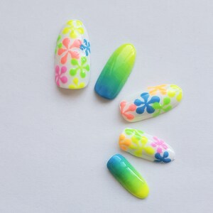Press On Nails White Neon Flowers
