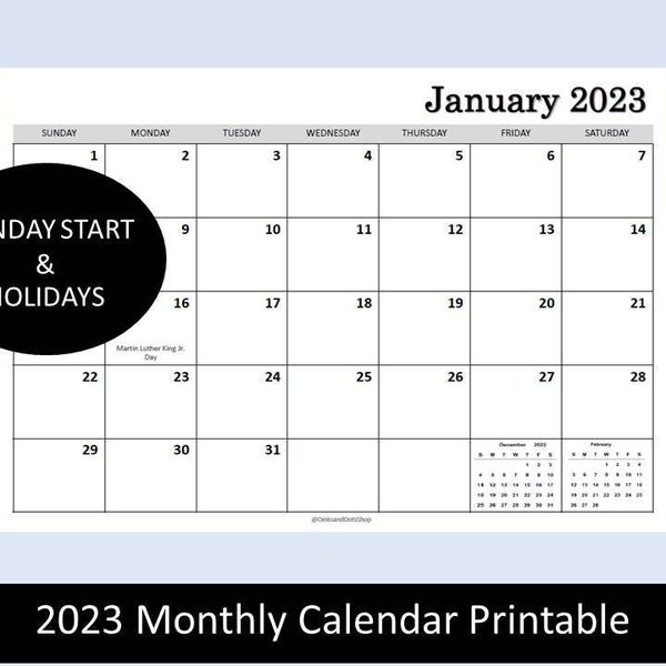 2023 Monthly Calendar Printable, plain calendar, planner calendar, Digital download, 2023 Calendar with holidays