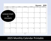 2025 Monthly Calendar Printable, plain calendar, planner calendar, Digital download, 2025 Calendar with holidays