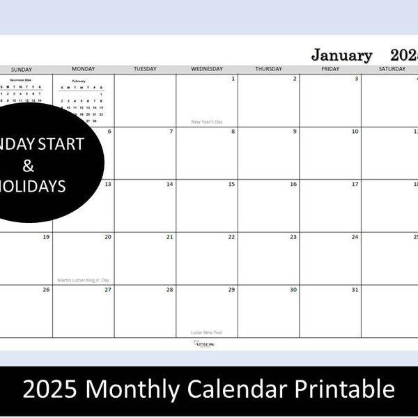 Monthly 2025 Calendar With Holidays Etsy