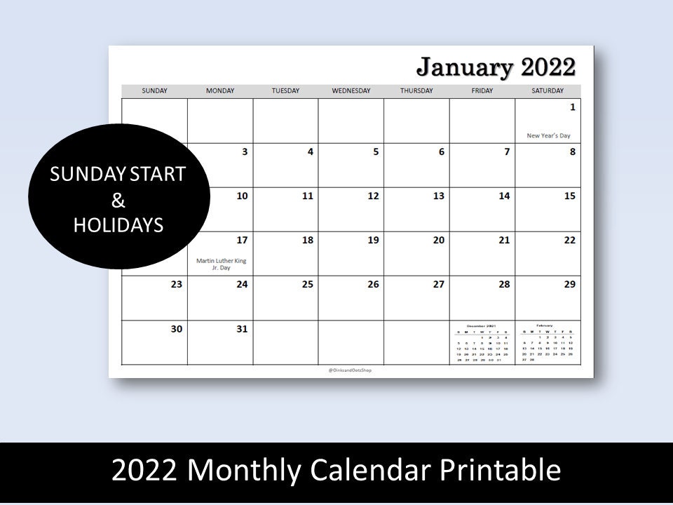 2022 monthly calendar printable plain calendar planner etsy