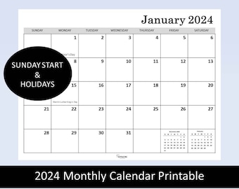 2024 Maandkalender Afdrukbaar, gewone kalender, planner kalender, Digitale download, 2024 Kalender met feestdagen