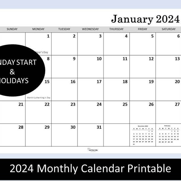 2024 Monatskalender Printable, schlichter Kalender, Planer Kalender, Digital download, Kalender 2024 mit Feiertagen