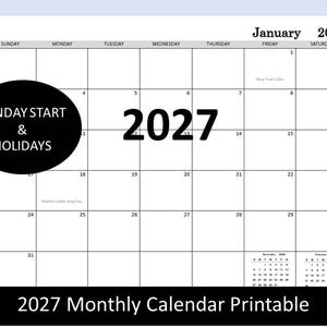 Può includere: Calendario mensile stampabile del 2027 con sfondo bianco e griglia nera. L'anno 2027 è visualizzato in numeri grandi. Un cerchio nero contiene il testo "Sunday Start & Holidays". Il testo "2027 Monthly Calendar Printable" è in basso.