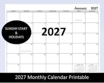 2027 Monthly Calendar Printable, plain calendar, planner calendar, Digital download, 2027 Calendar with holidays