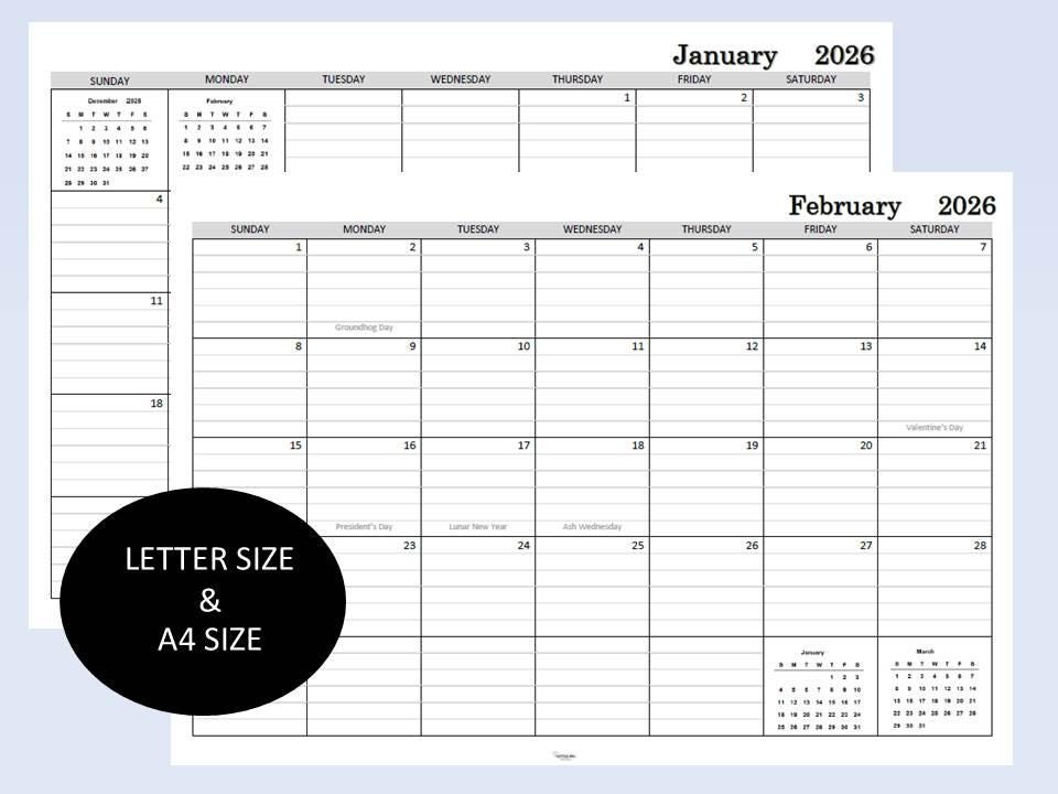 2026 Monthly Calendar Printable, Lined Calendar, Sunday Start, Planner ...