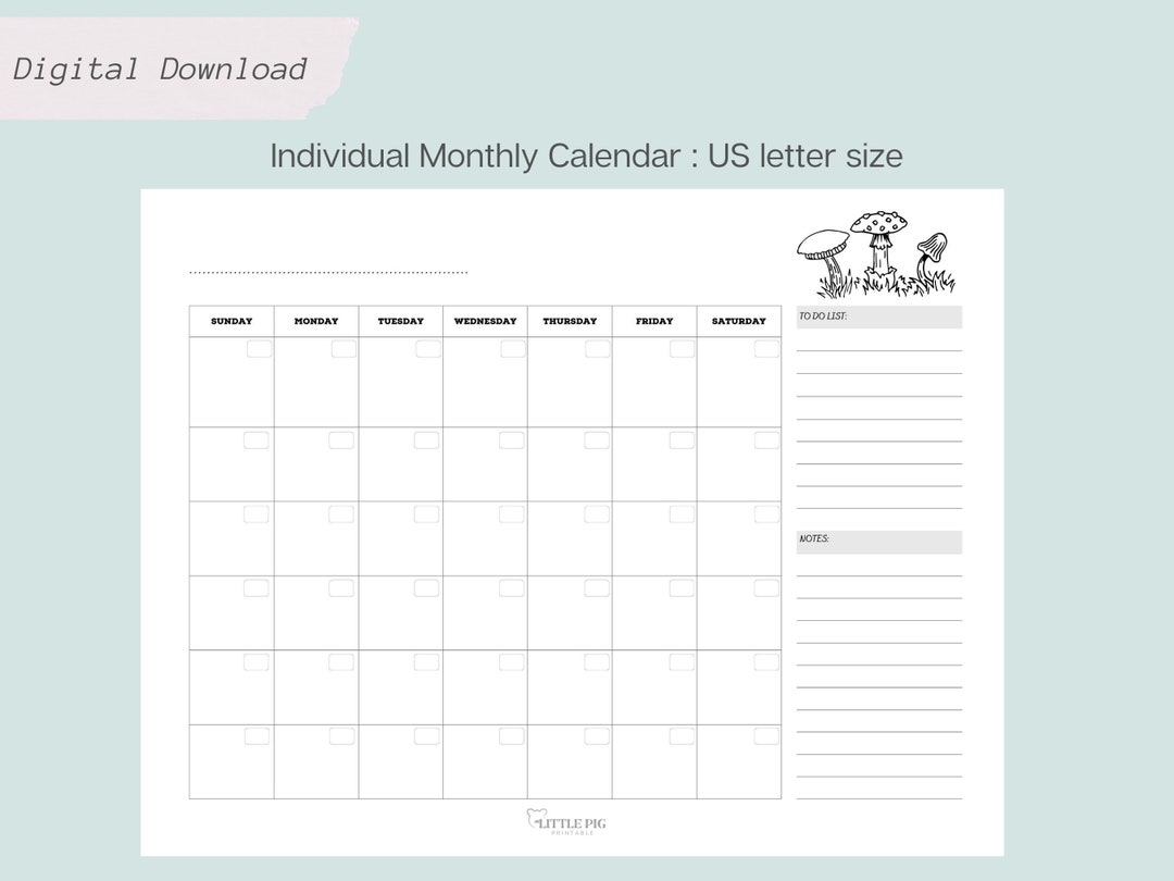 Individual Monthly Calendar Printable, Monthly Blank Calendar, Sunday ...