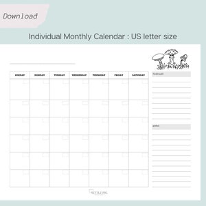 Individual Monthly Calendar Printable, Monthly Blank Calendar, Sunday start, Simple Calendar, Blank Calendar, Instant Download Printable