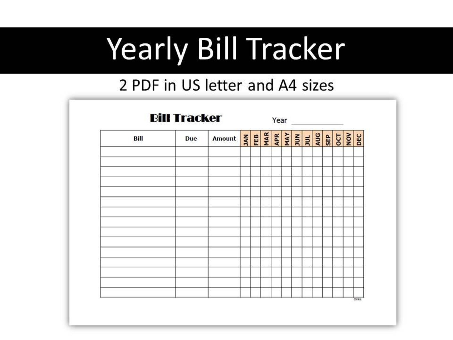 Yearly Bill Tracker Printable Printable Bill Tracker INSTANT Etsy